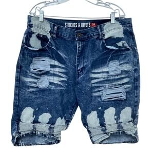 Stitches & Rivets Distressed Denim Shorts Bleach‎ Wash Ripped Mens 38
